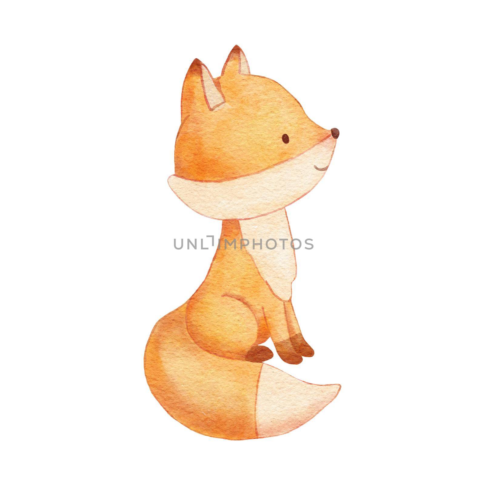 Watercolor cute fox. Hand drawn character forest animal isolated on white background. Woodland illustration by ElenaPlatova