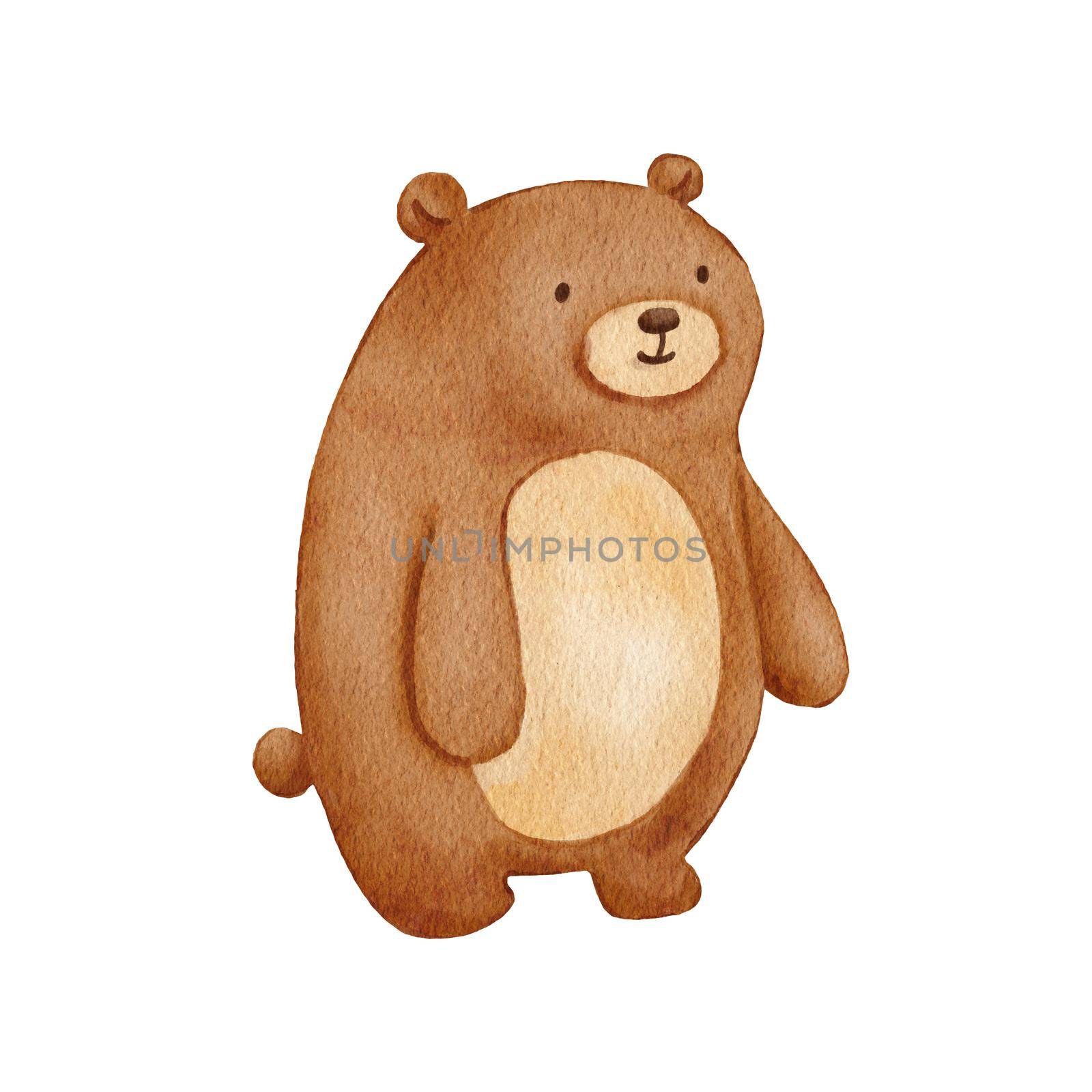 Watercolor cute bear. Hand drawn character forest animal isolated on white background. Woodland illustration
