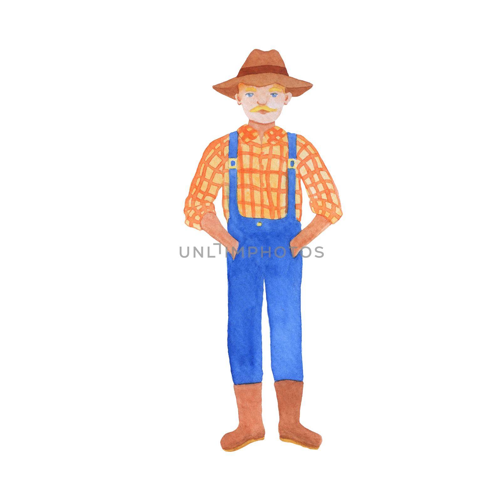 Male farmer in hat. Watercolor illustration isolated on white by ElenaPlatova