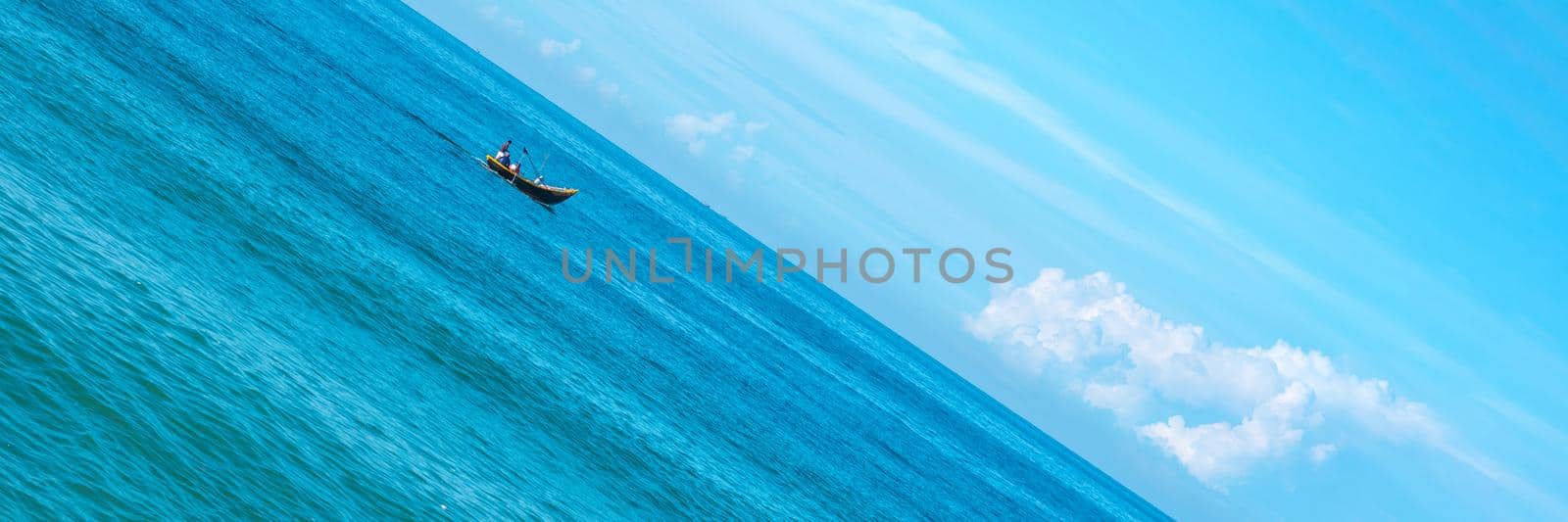 Atmosphere panorama. Clear sky calm sea horizon line cloud. Concept lifestyle move flow up down progress regress, choice direction development life boat. Straight lines diagonal, blue turquoise white.