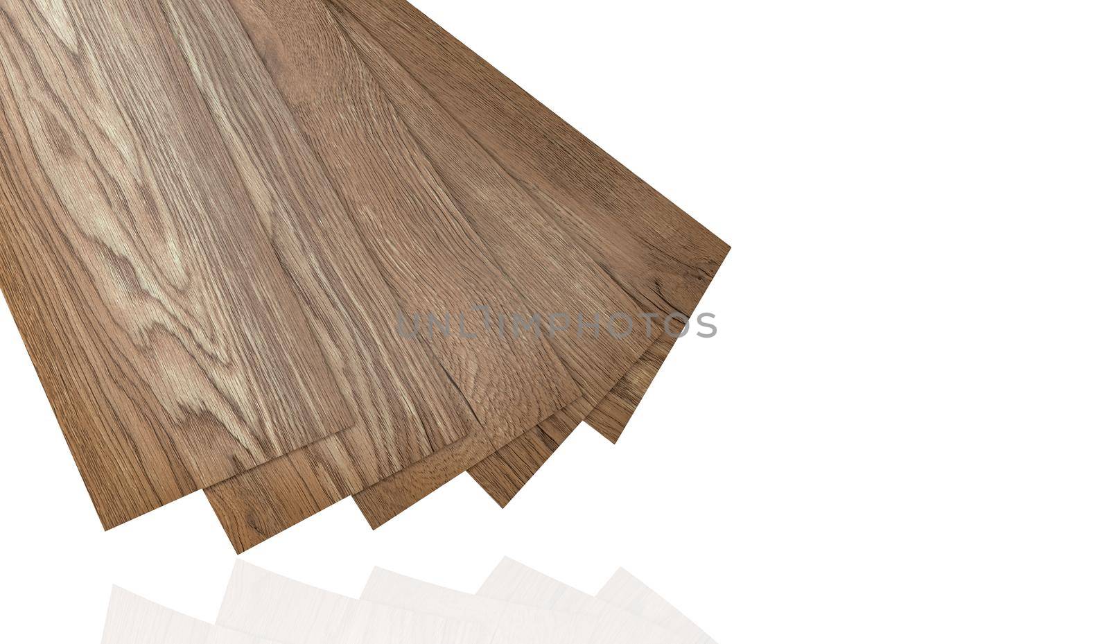 Vinyl tiles sample for interior designer. Wood pattern vinyl tile. Vinyl flooring material isolated on white background. Polymer vinyl sheet set for new home floor. PVC material. Plastic tile set. by Fahroni