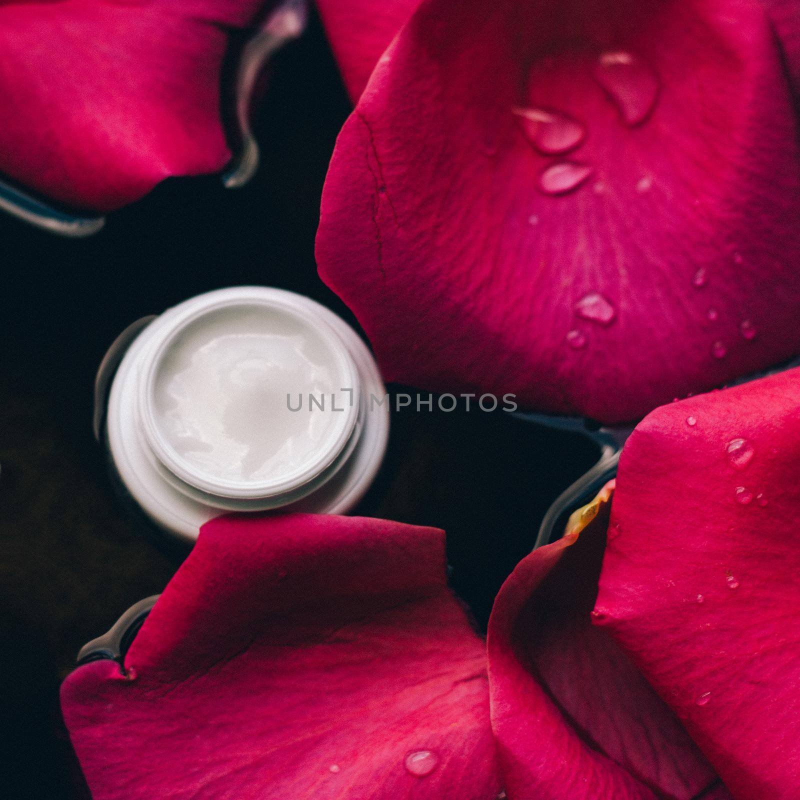 beauty cream jar and flower petals - cosmetics with flowers styled concept by Anneleven