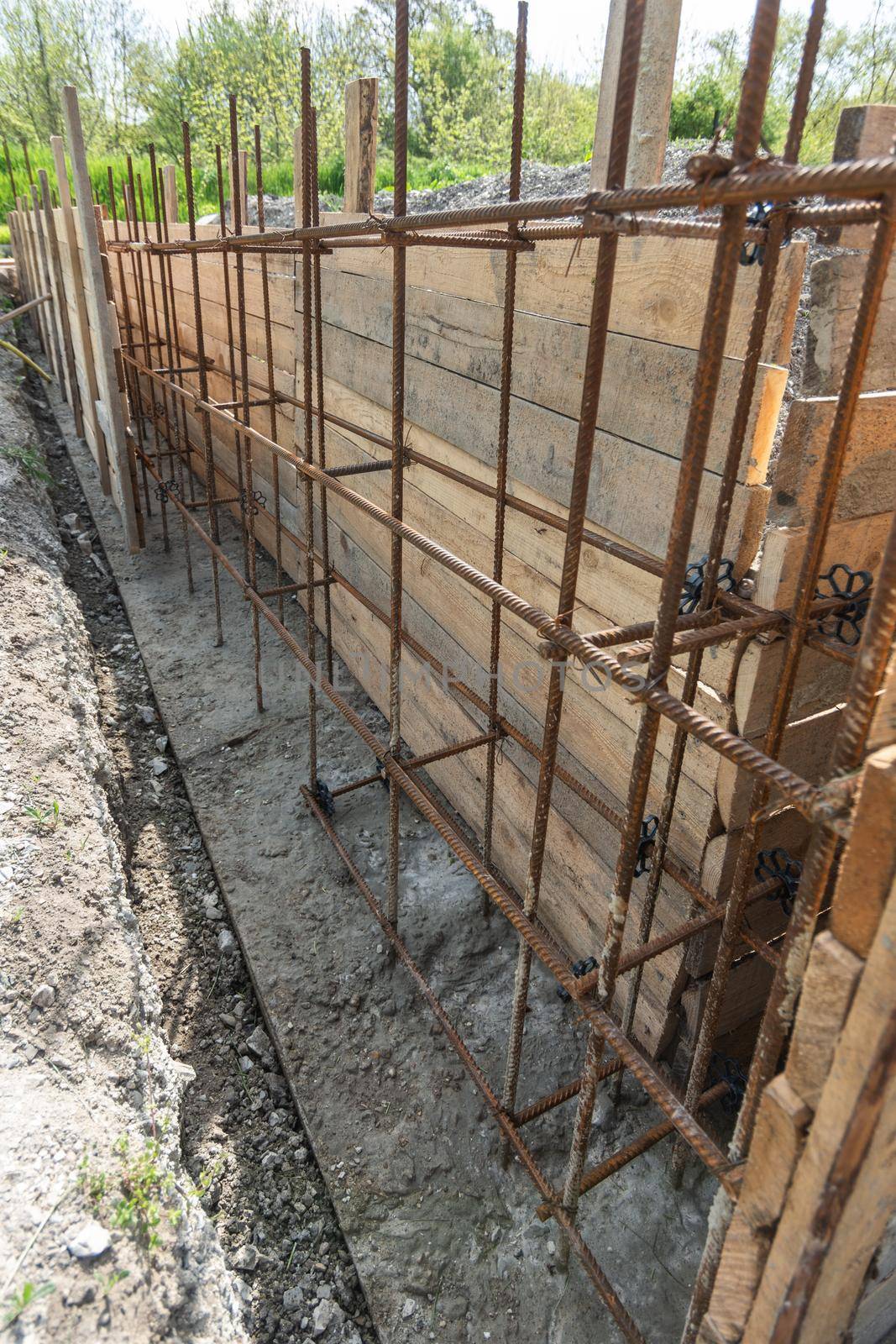 Tied rebar and mounted formwork close-up