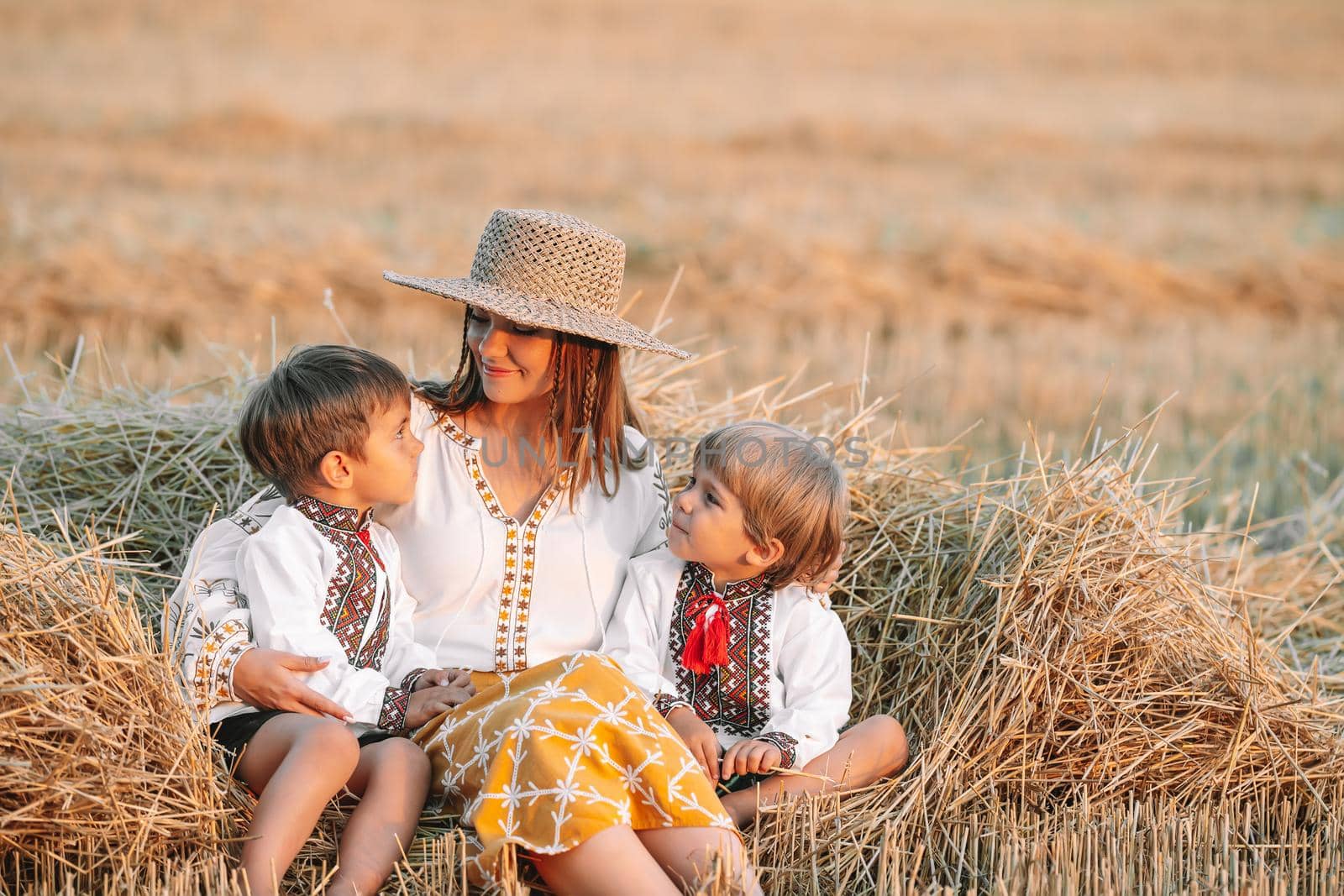 Ukrainian boys and mother sitting together on wheat in field after harvesting. Family, friends holding hands. Children is our future. Happy childhood. High quality photo
