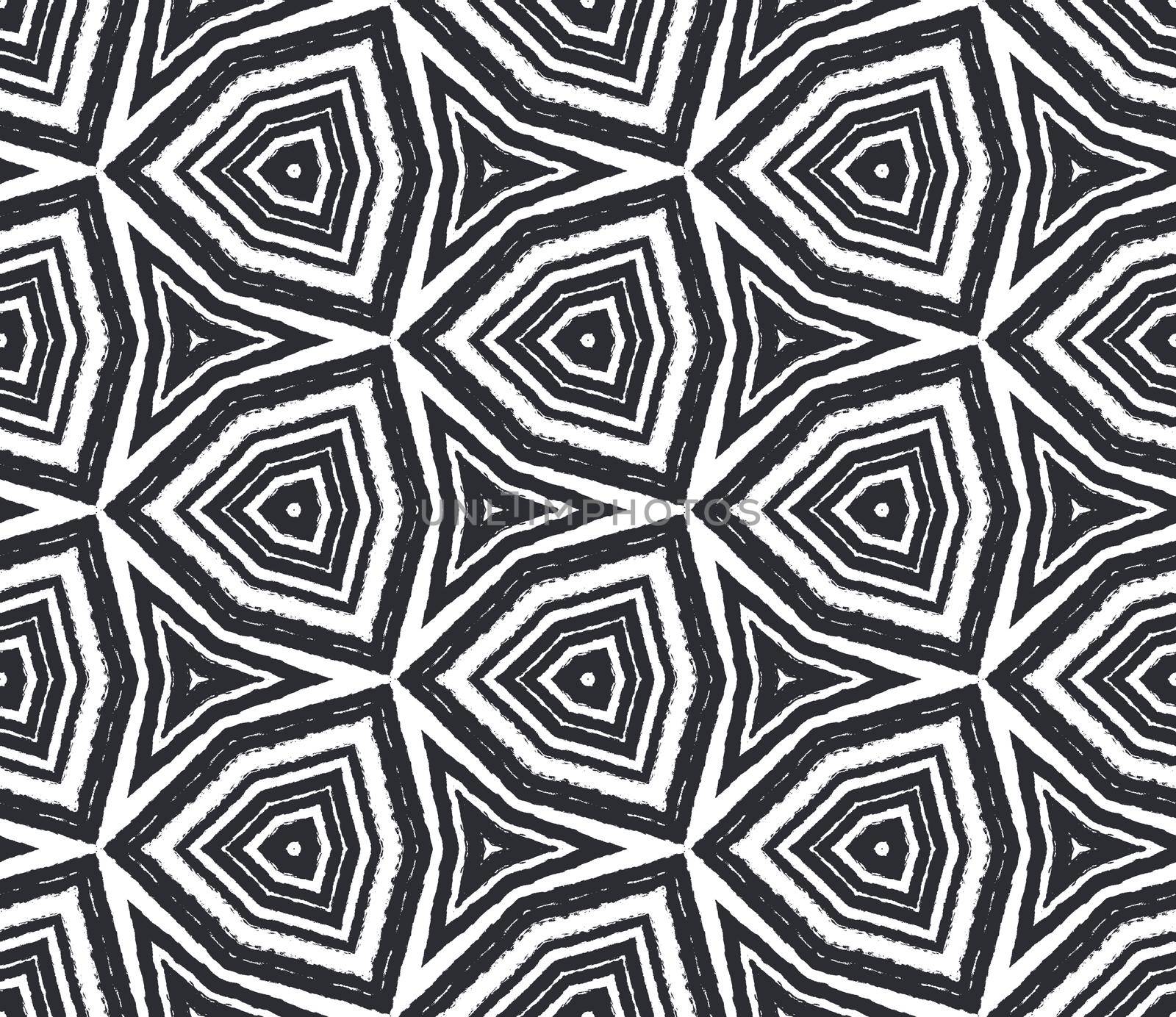 Geometric seamless pattern. Black symmetrical kaleidoscope background. Textile ready astonishing print, swimwear fabric, wallpaper, wrapping. Hand drawn geometric seamless design.