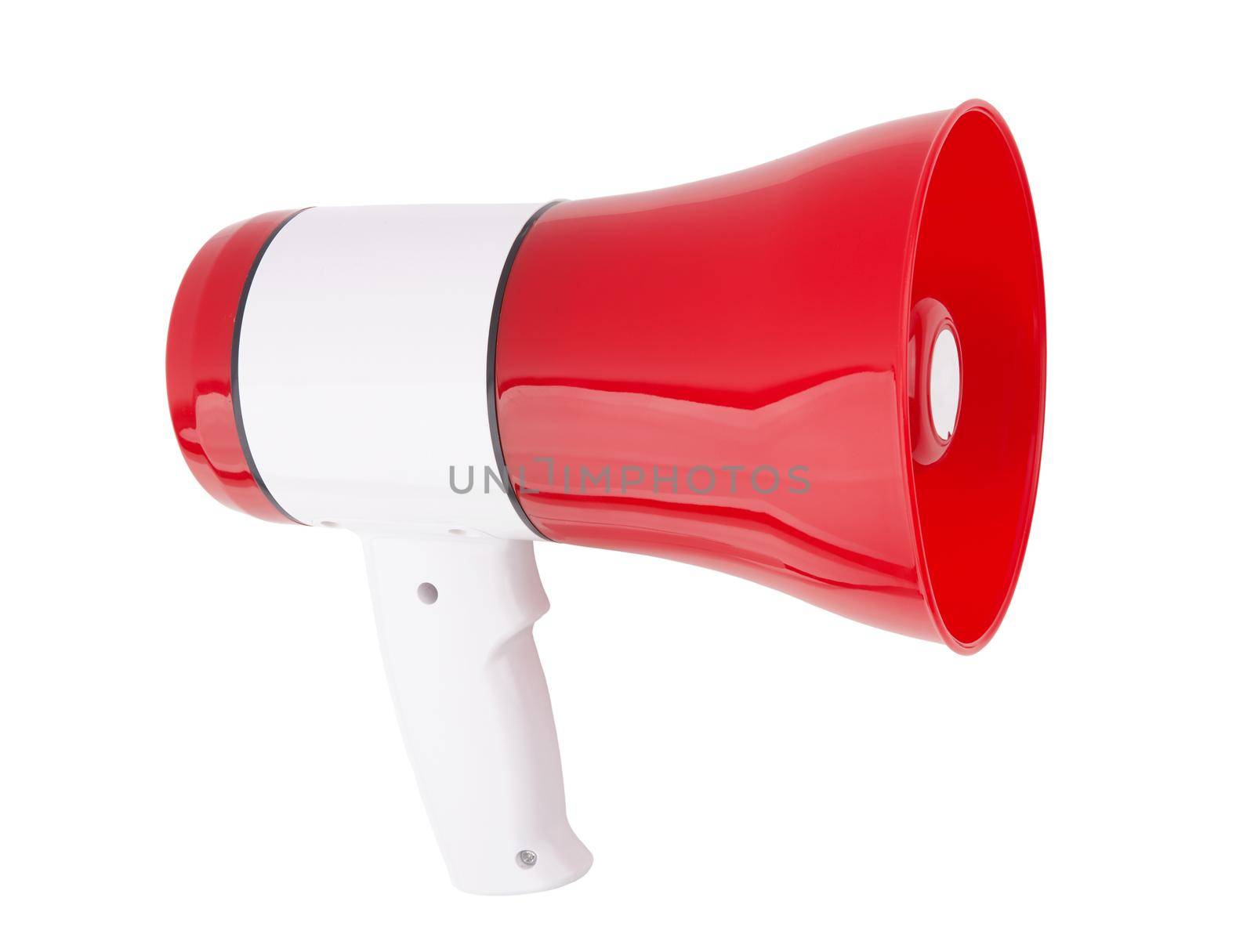 Red megaphon isolated on white background. Loudspeaker for comminacation and call to action.