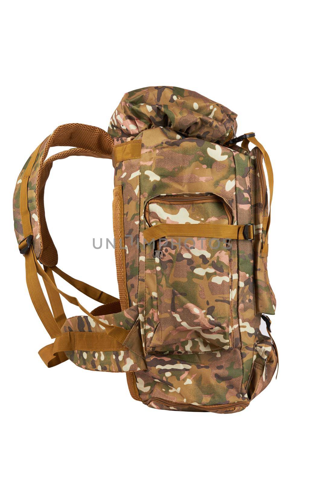 Camouflage backpack for the forest and military backpack isolated n white