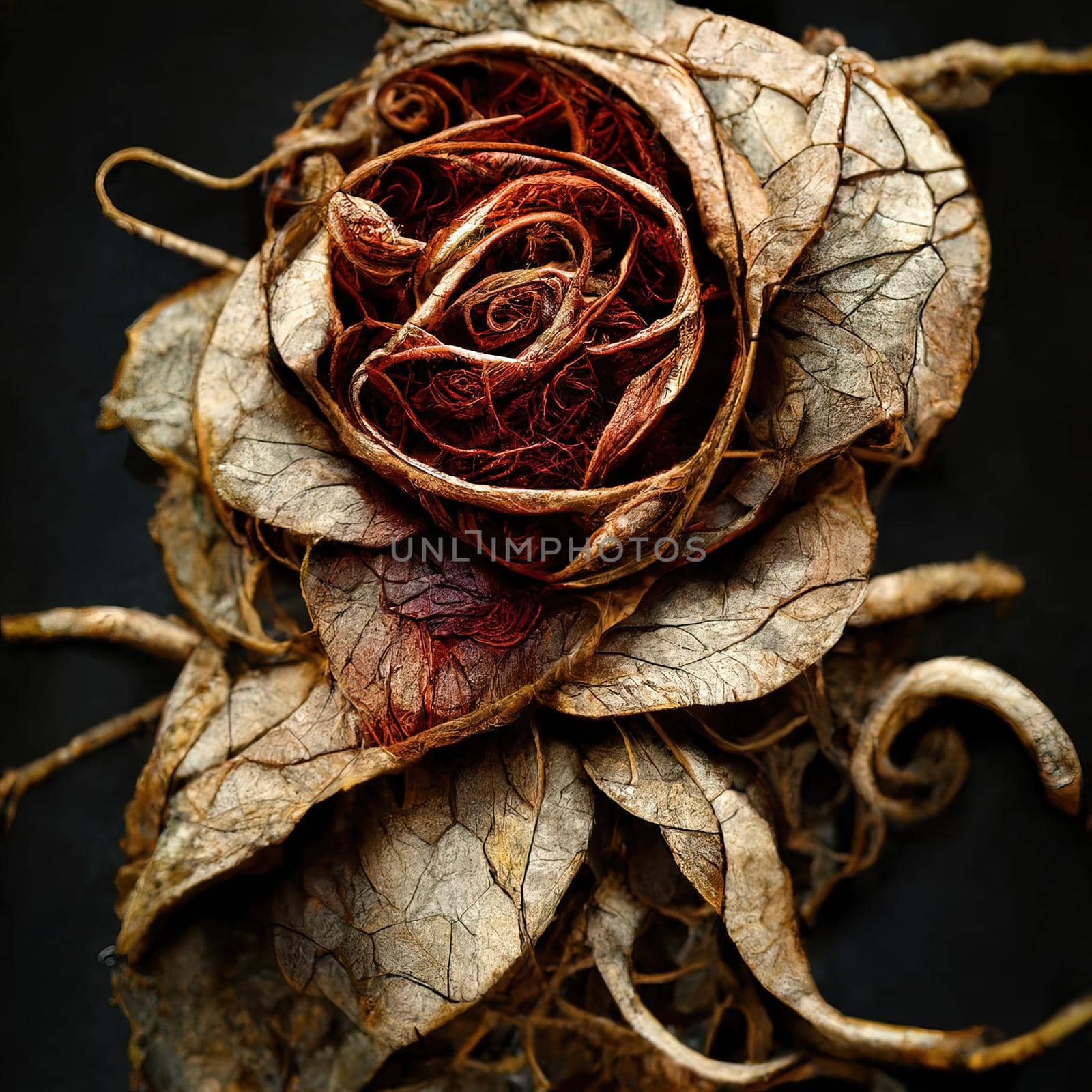 Picture of dried rose with dried vines, muted colors, 3d illustration
