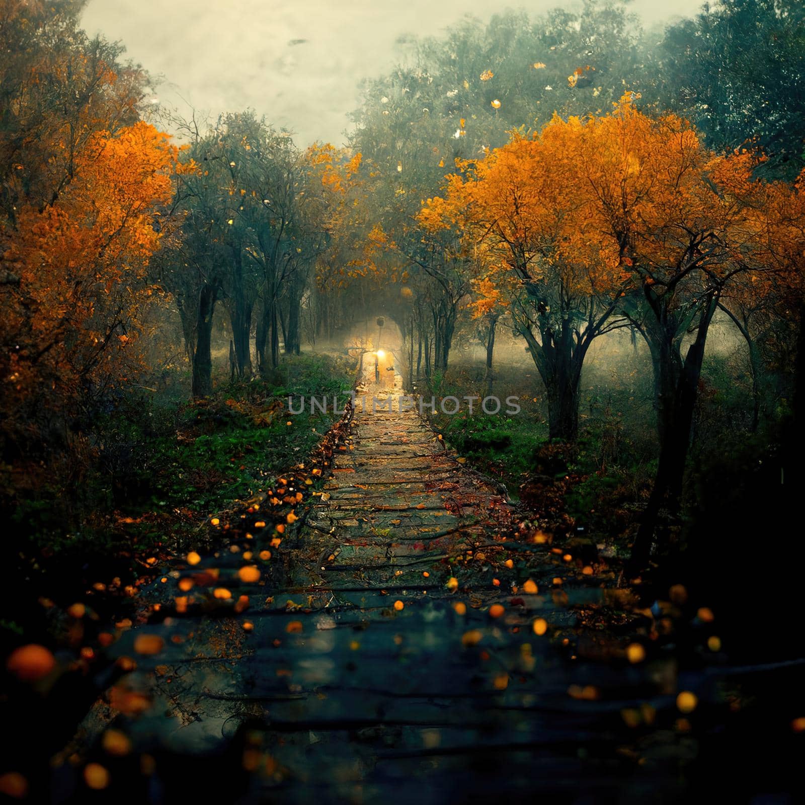 Surreal path of gratitude in forest with amazing light, 3d illustration by Farcas