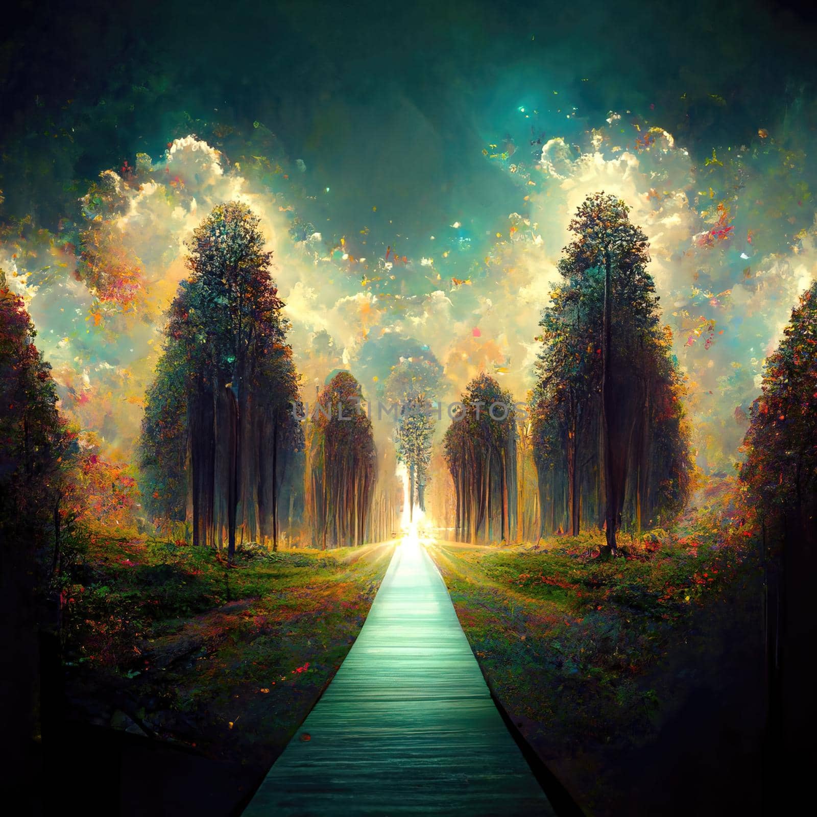 Surreal path of gratitude in forest with amazing light, 3d illustration, 3d render