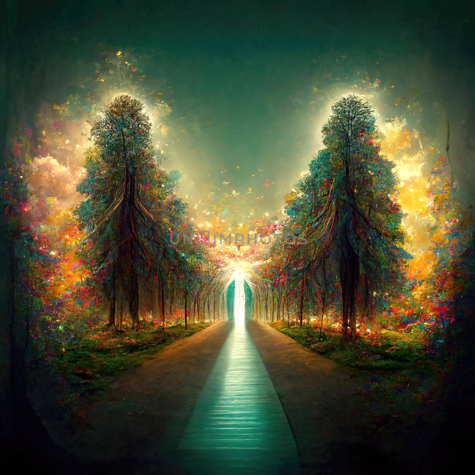 Surreal path of gratitude in forest with amazing light, 3d illustration by Farcas