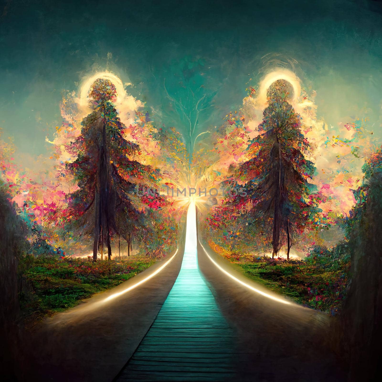 Surreal path of gratitude in forest with amazing light, 3d illustration, 3d render