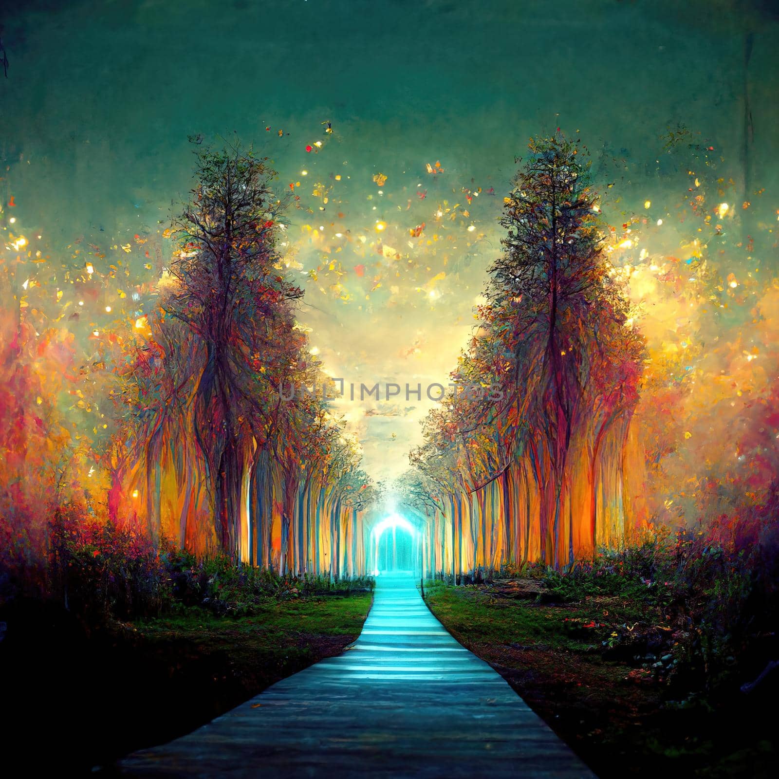 Surreal path of gratitude in forest with amazing light, 3d illustration by Farcas