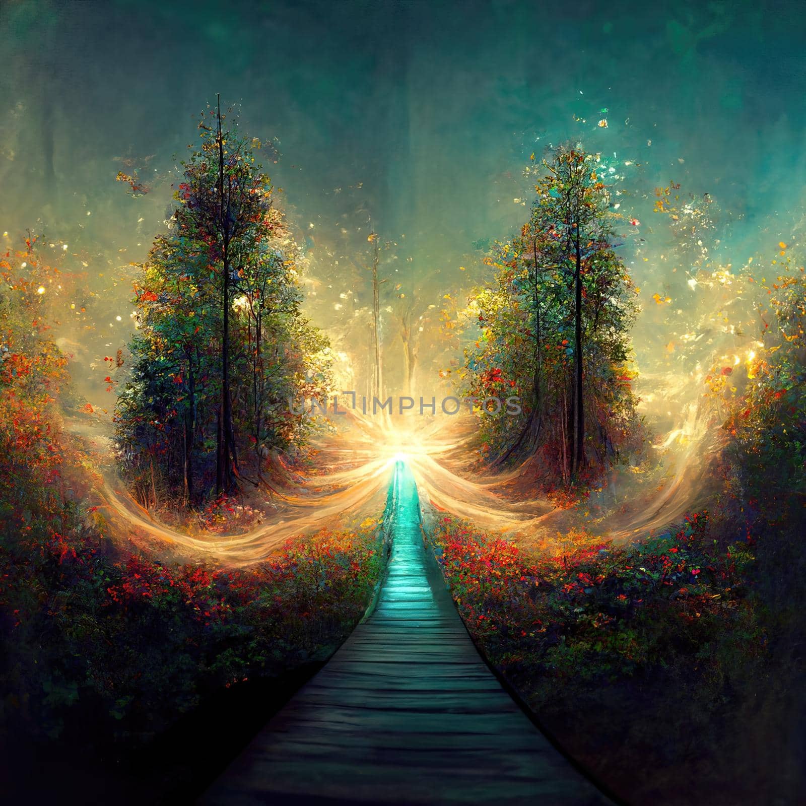 Surreal path of gratitude in forest with amazing light, 3d illustration by Farcas