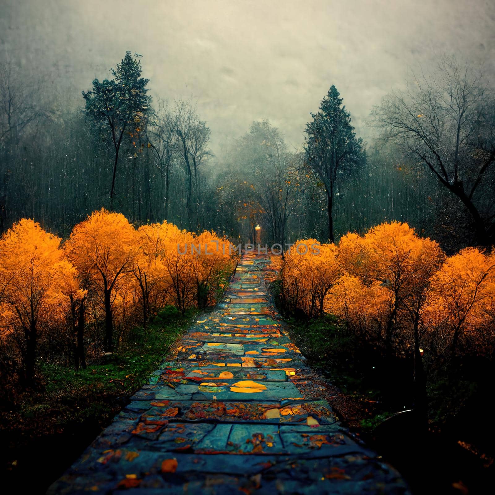 Surreal path of gratitude in forest with amazing light, 3d illustration, 3d render