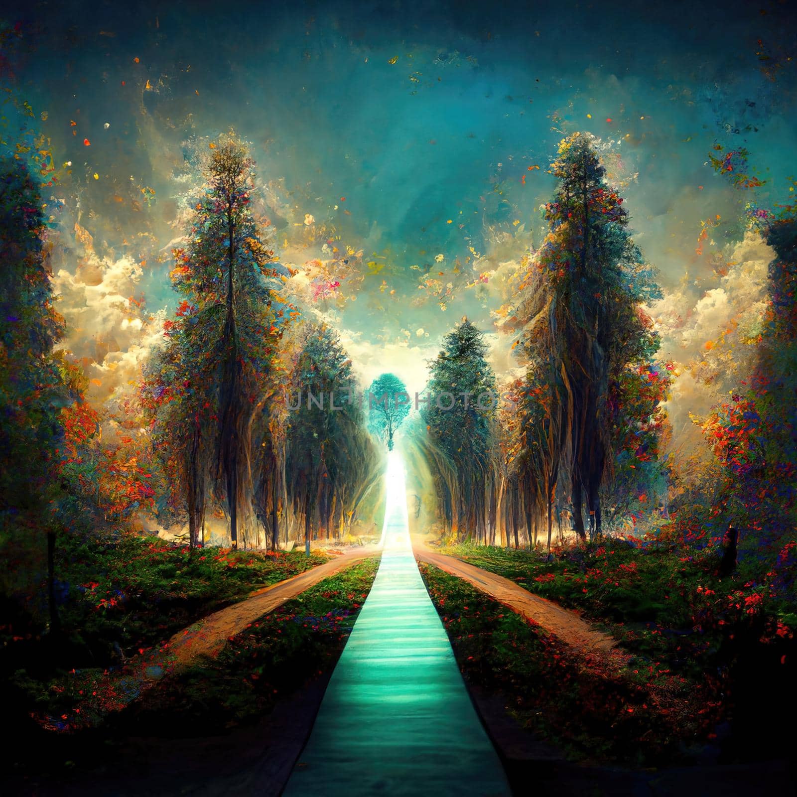 Surreal path of gratitude in forest with amazing light, 3d illustration, 3d render