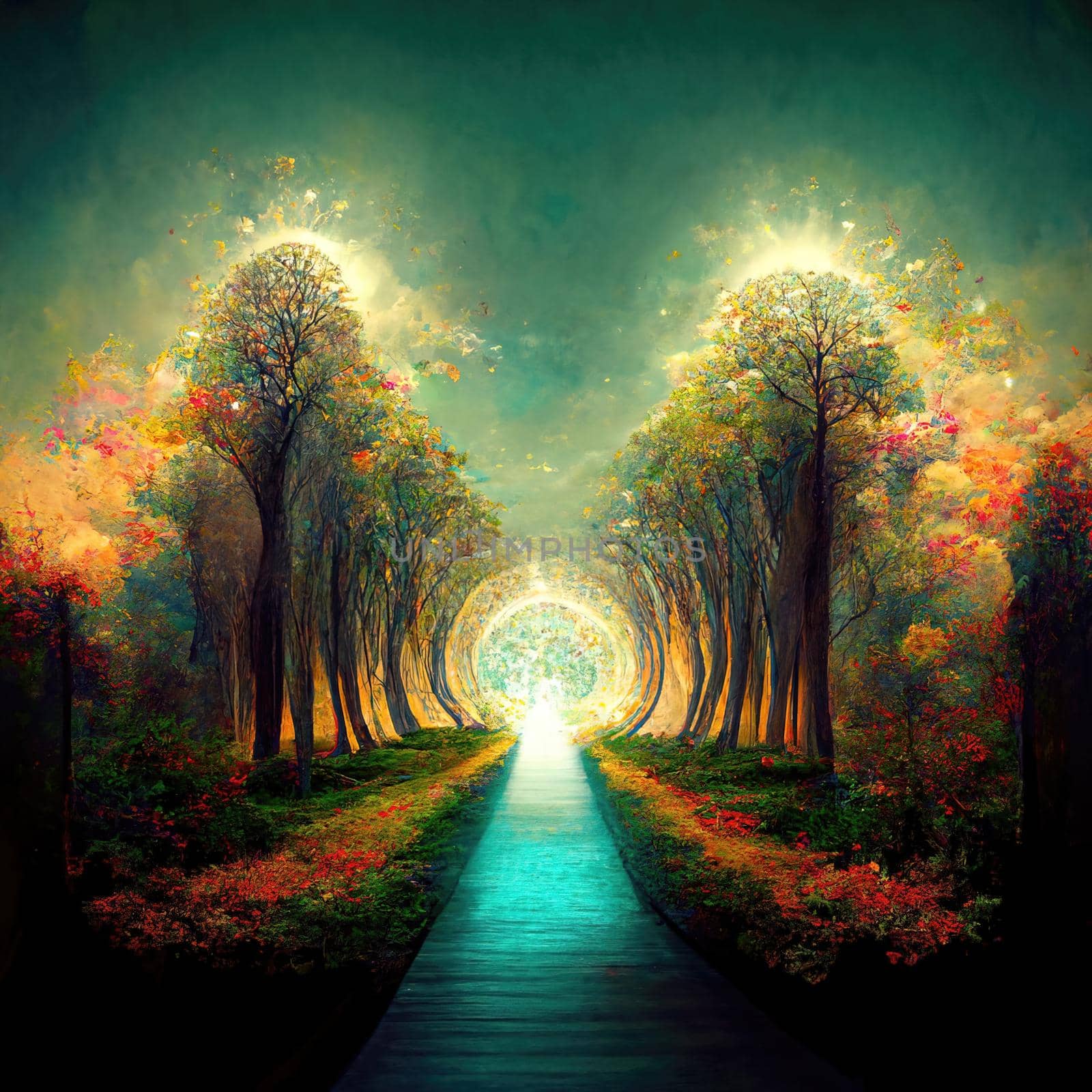 Surreal path of gratitude in forest with amazing light, 3d illustration, 3d render