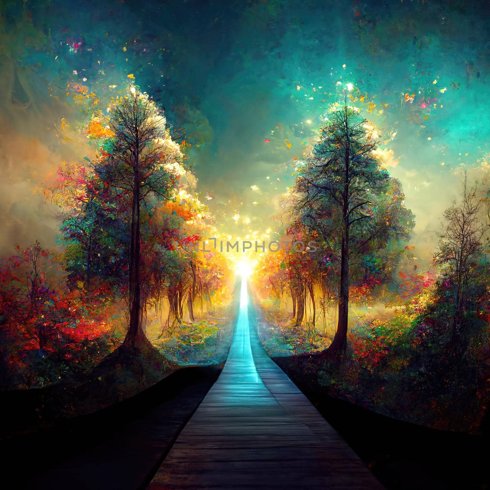 Surreal path of gratitude in forest with amazing light, 3d illustration by Farcas