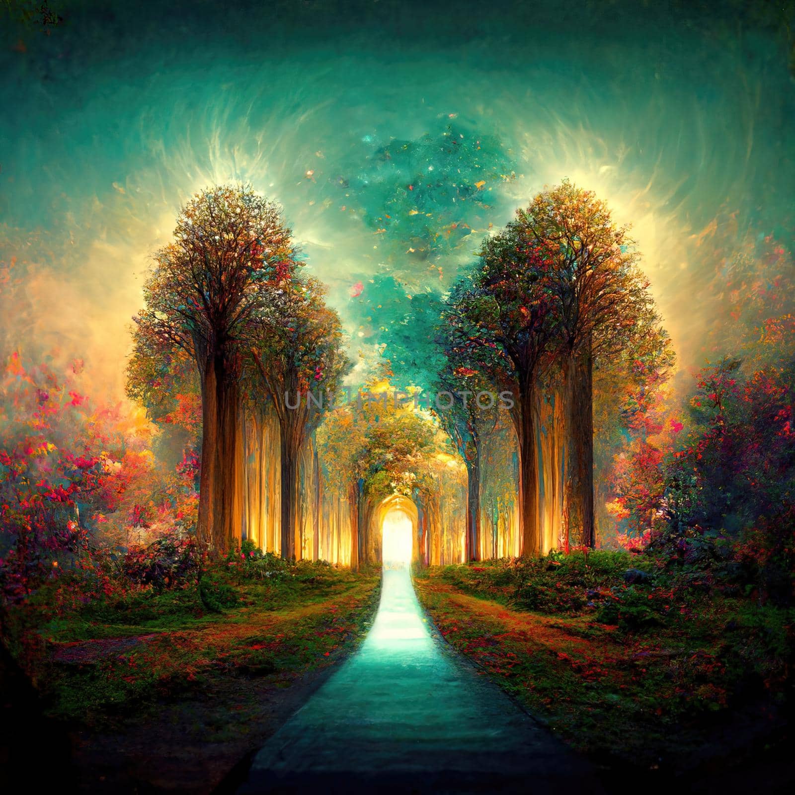 Surreal path of gratitude in forest with amazing light, 3d illustration by Farcas