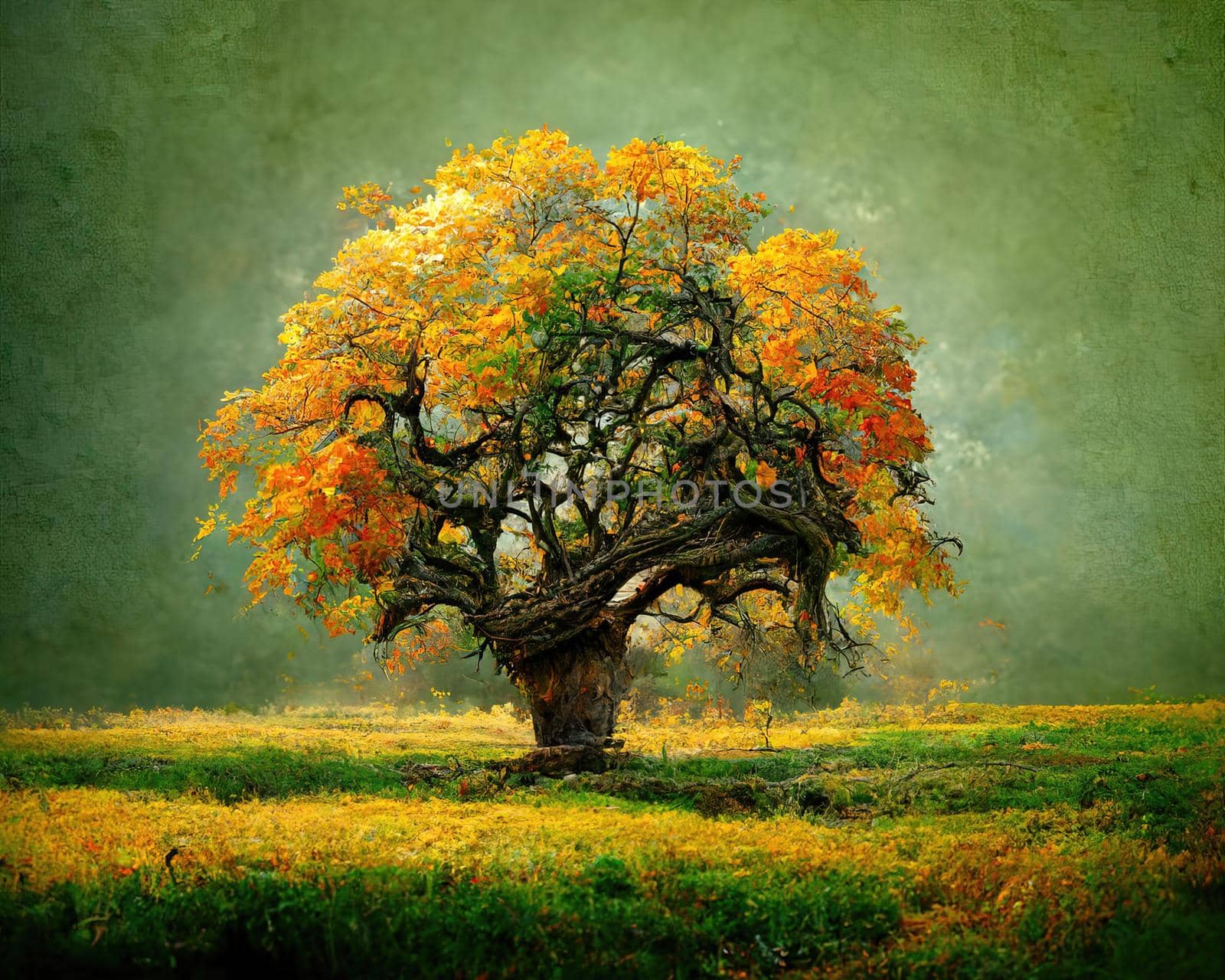 Digital art of old big tree with amazing branches, 3d illustration, 3d render