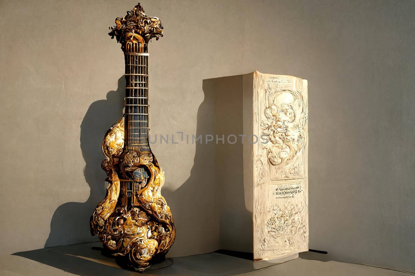 Picture of baroque violin statue, intricate details,3D illustration