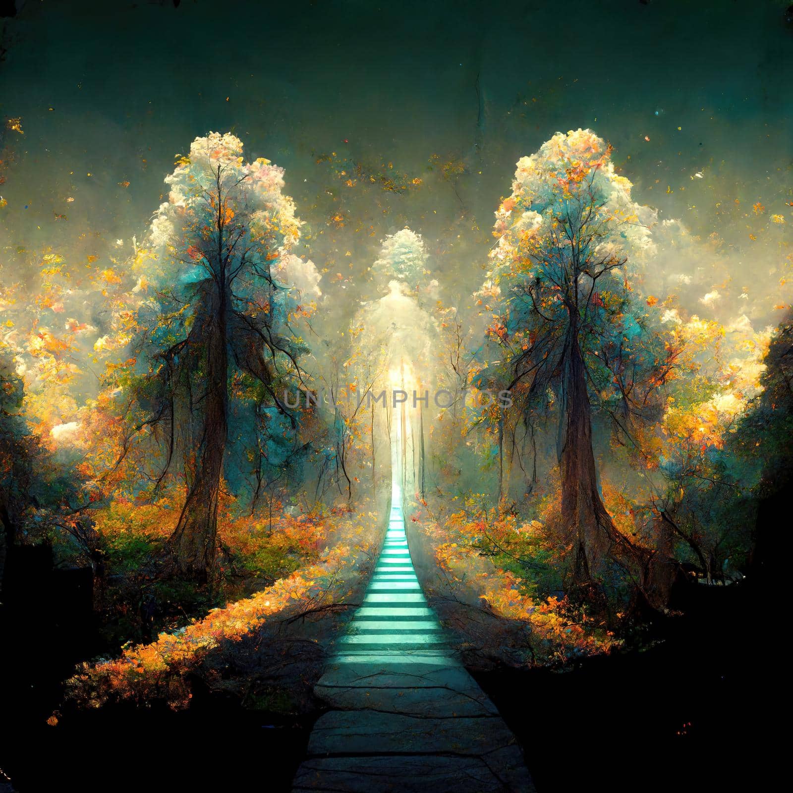 Surreal path of gratitude in forest with amazing light, 3d illustration by Farcas