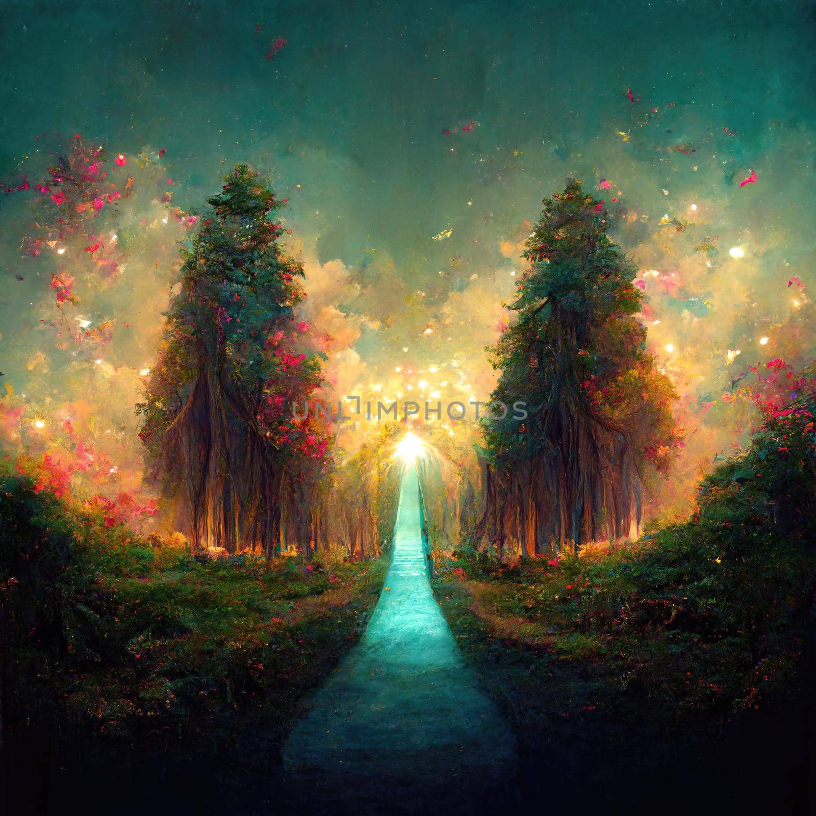 Surreal path of gratitude in forest with amazing light, 3d illustration by Farcas