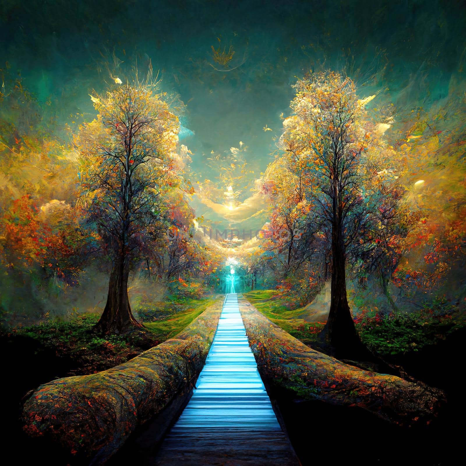 Surreal path of gratitude in forest with amazing light, 3d illustration by Farcas