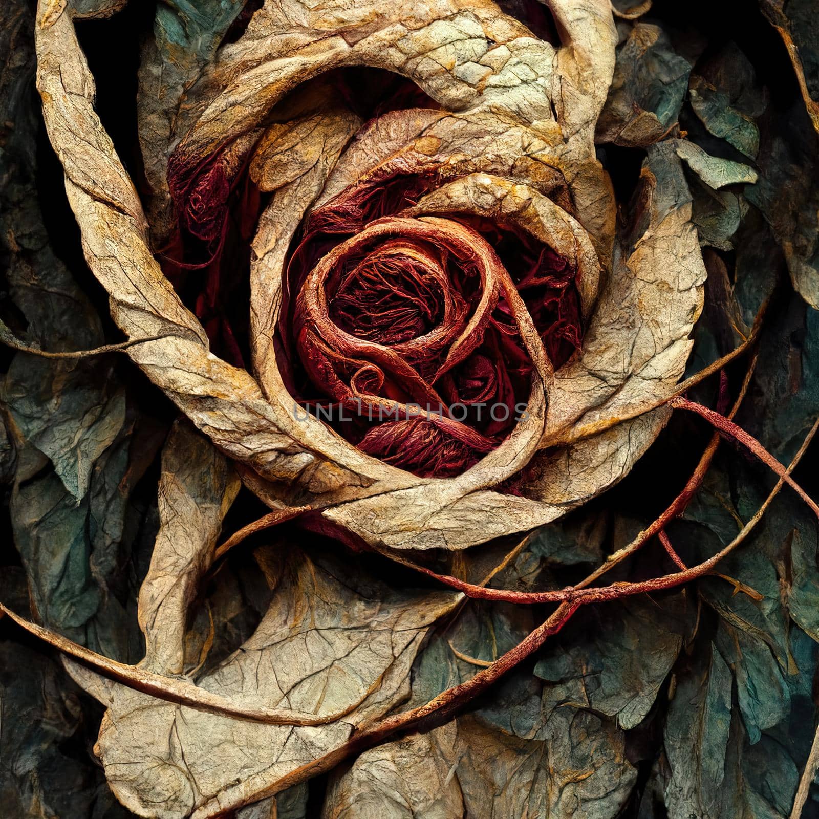 Picture of dried rose with dried vines, muted colors, 3d illustration