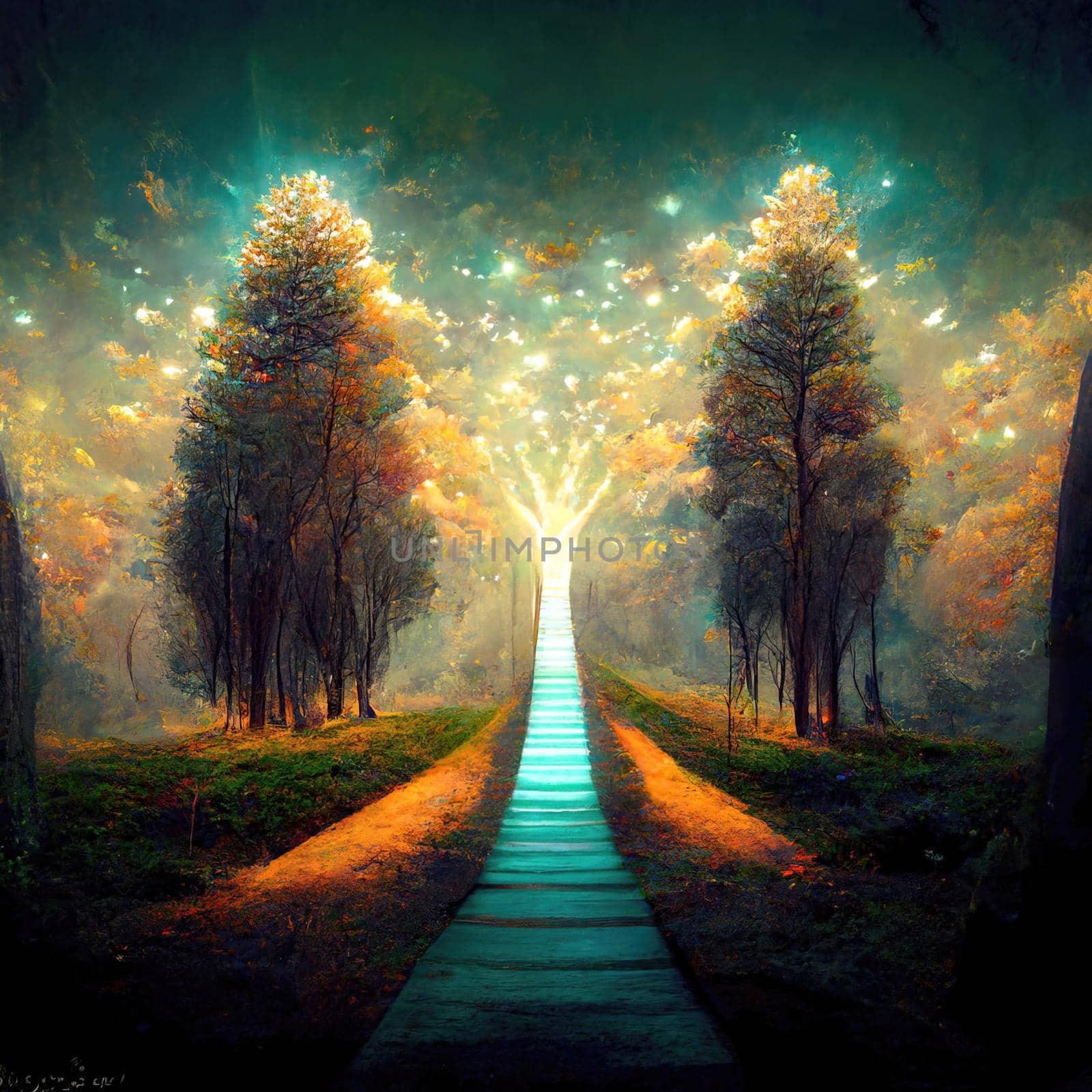 Surreal path of gratitude in forest with amazing light, 3d illustration by Farcas