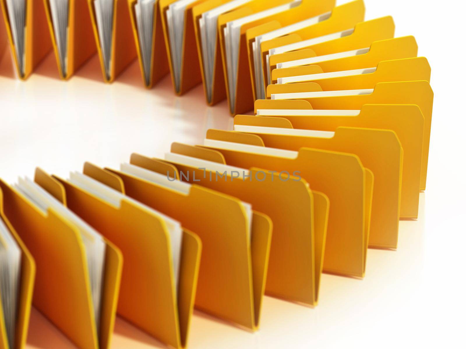 Yellow folders arranged in circle isolated on white background. 3D illustration by Simsek
