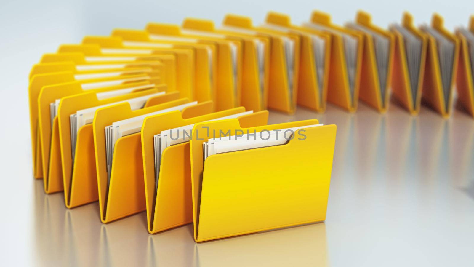 Yellow folders arranged in circle isolated on white background. 3D illustration by Simsek