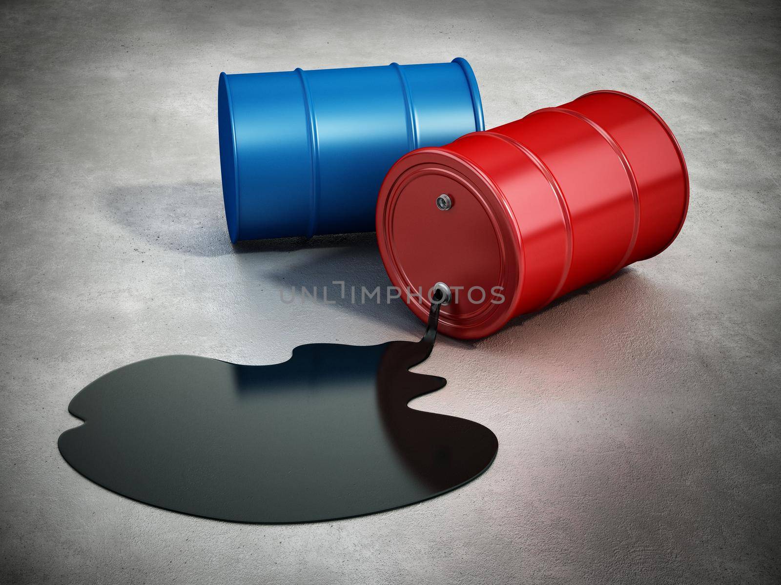 Blue and red barrels with spilled crude oil. 3D illustration.