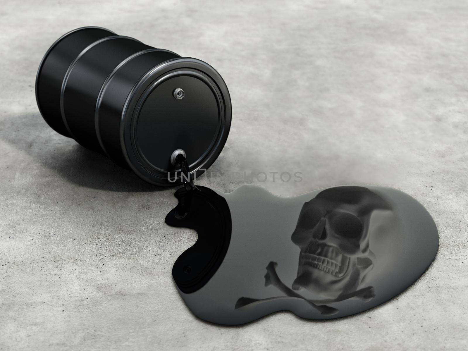 Oil barrel with spilled crude oil with skull and bones reflection. 3D illustration by Simsek