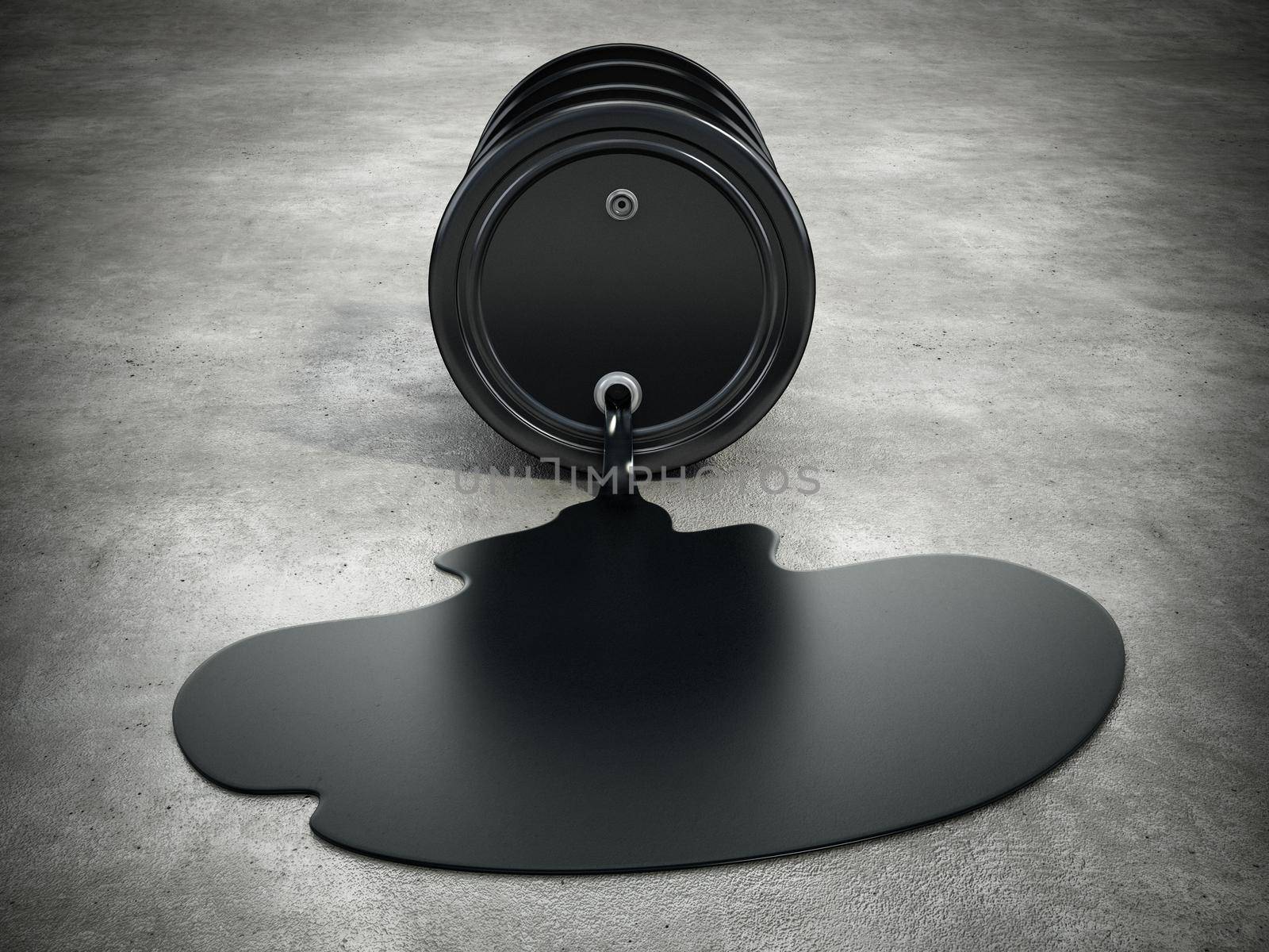 Oil barrel with spilled crude oil. 3D illustration by Simsek