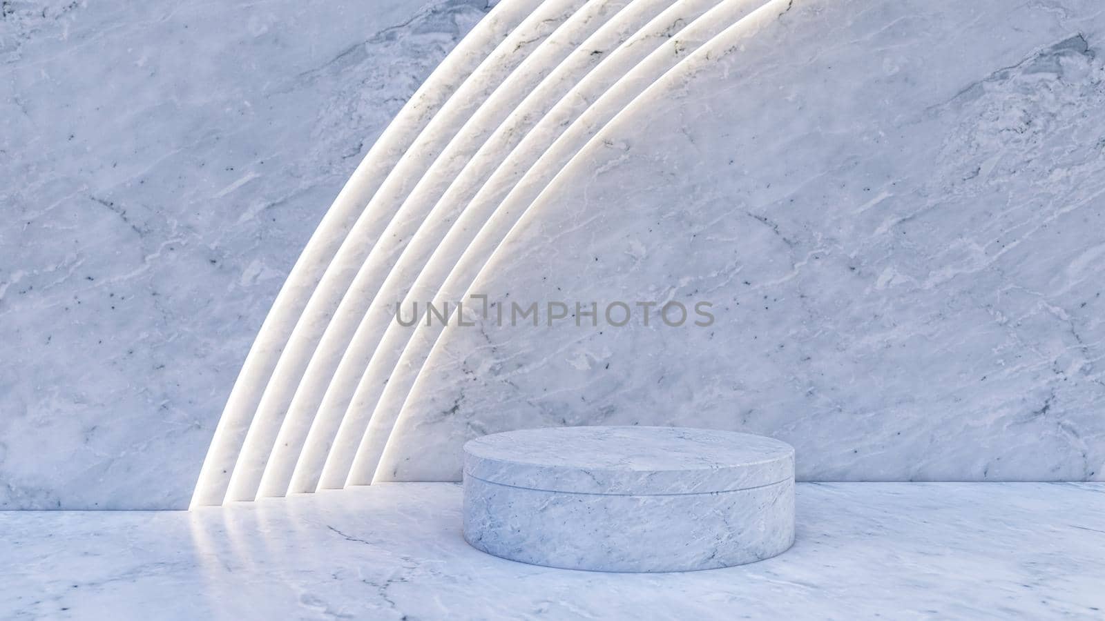 A 3d rendering image of white marble product display on white marble floor and wall. 