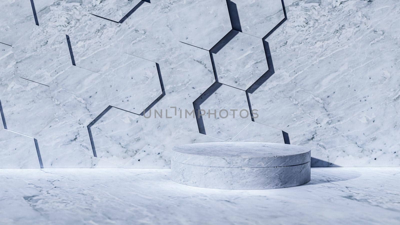A 3d rendering image of white marble product display on white marble floor and wall.  by Kankliang