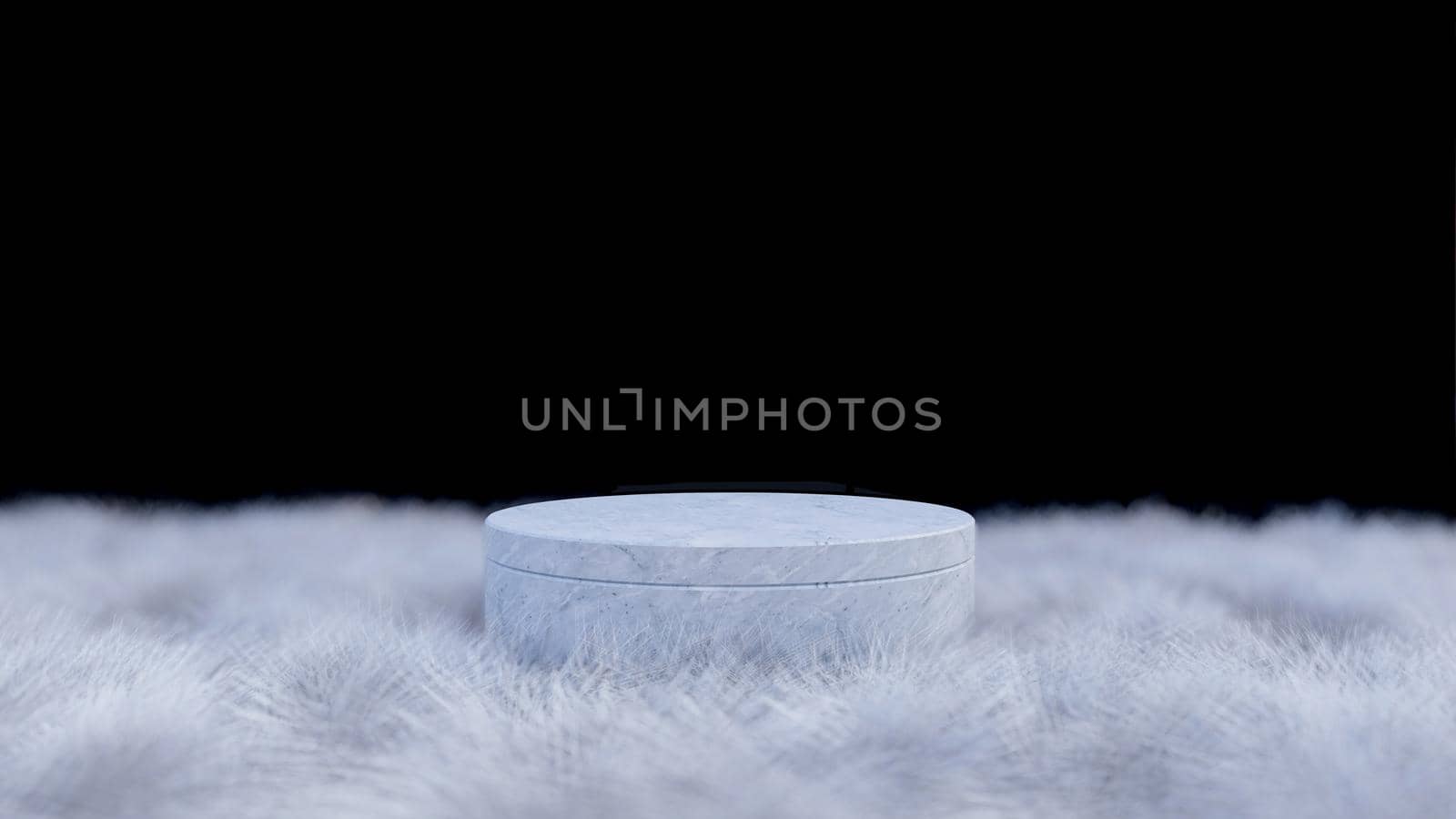 A 3d rendering image of black marble product display on white fur floor and wall