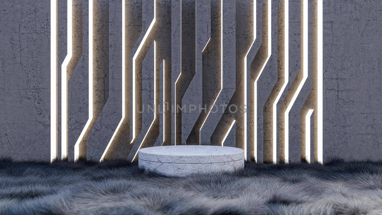 A 3d rendering image of product display on black fur floor and cracked concrete wall