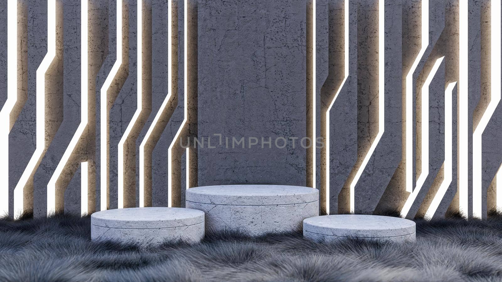 A 3d rendering image of product display on black fur floor and cracked concrete wall