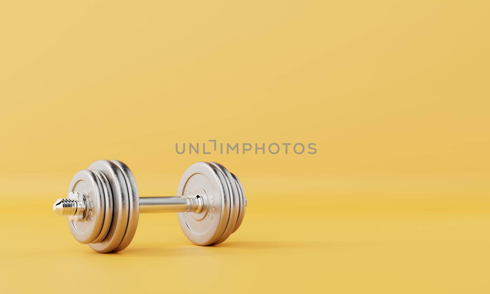 One dumbbell on isolated yellow background. Fitness accessories and sports object concept. 3D illustration rendering