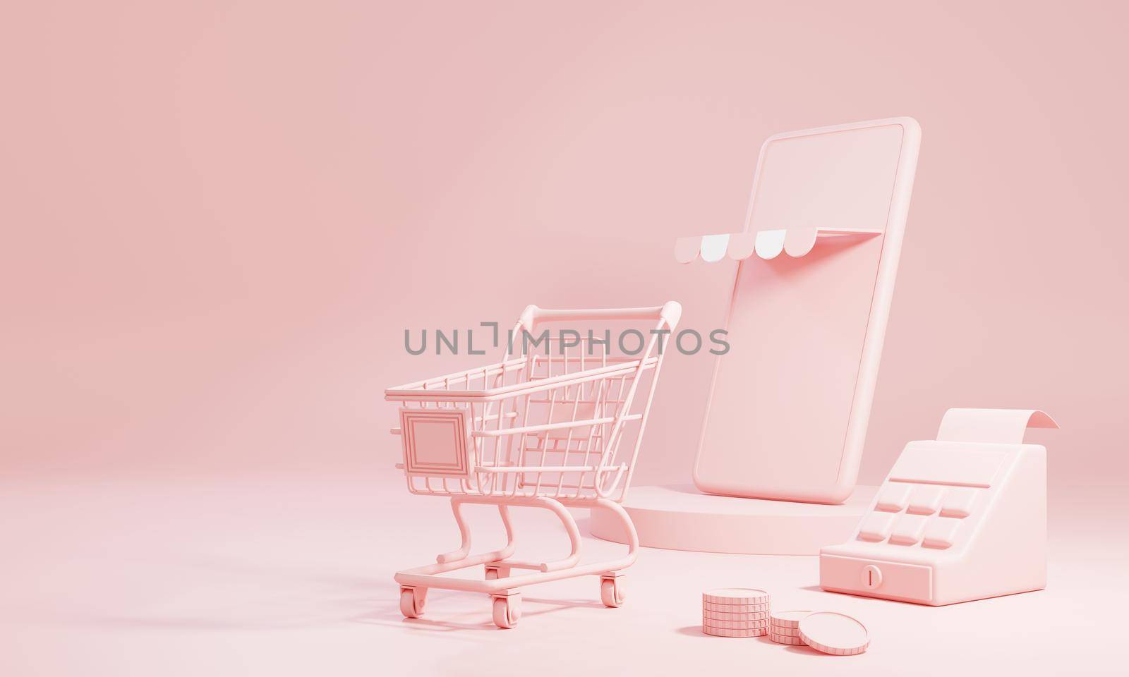 Online shopping and delivery concept with copy space on pink pastel background. Business and delivery E-commerce store. 3D illustration rendering