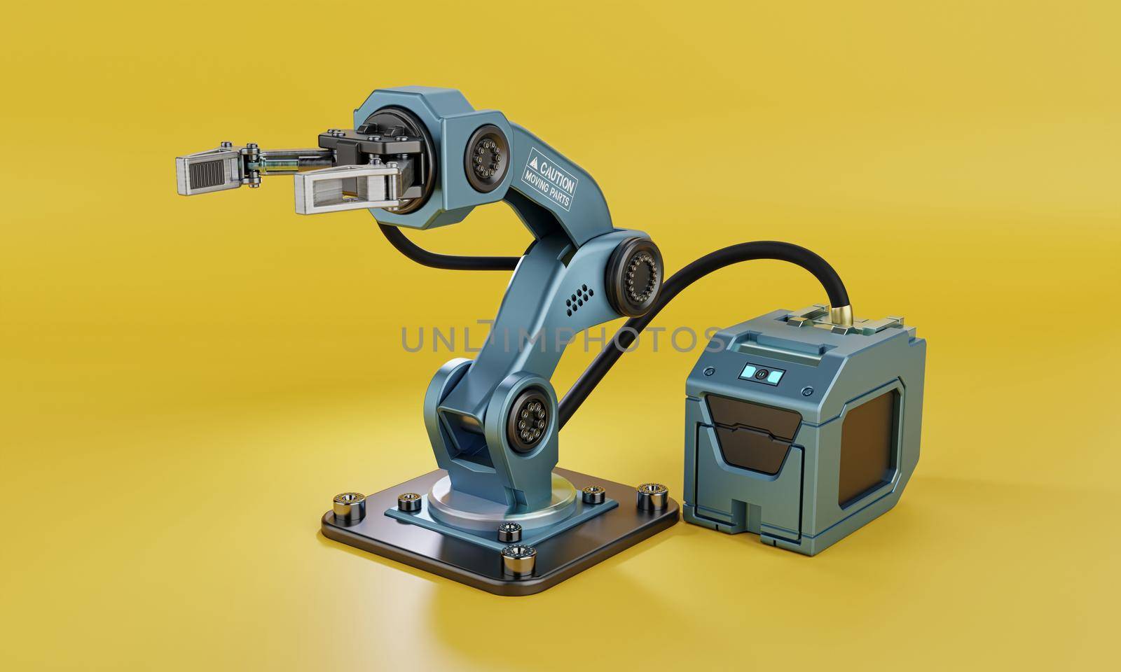 Robot arm with hand grip and power supply for manufacturing industrial plant on yellow background. Technology and Futuristic concept. Artificial intelligence and Iot. 3D illustration rendering