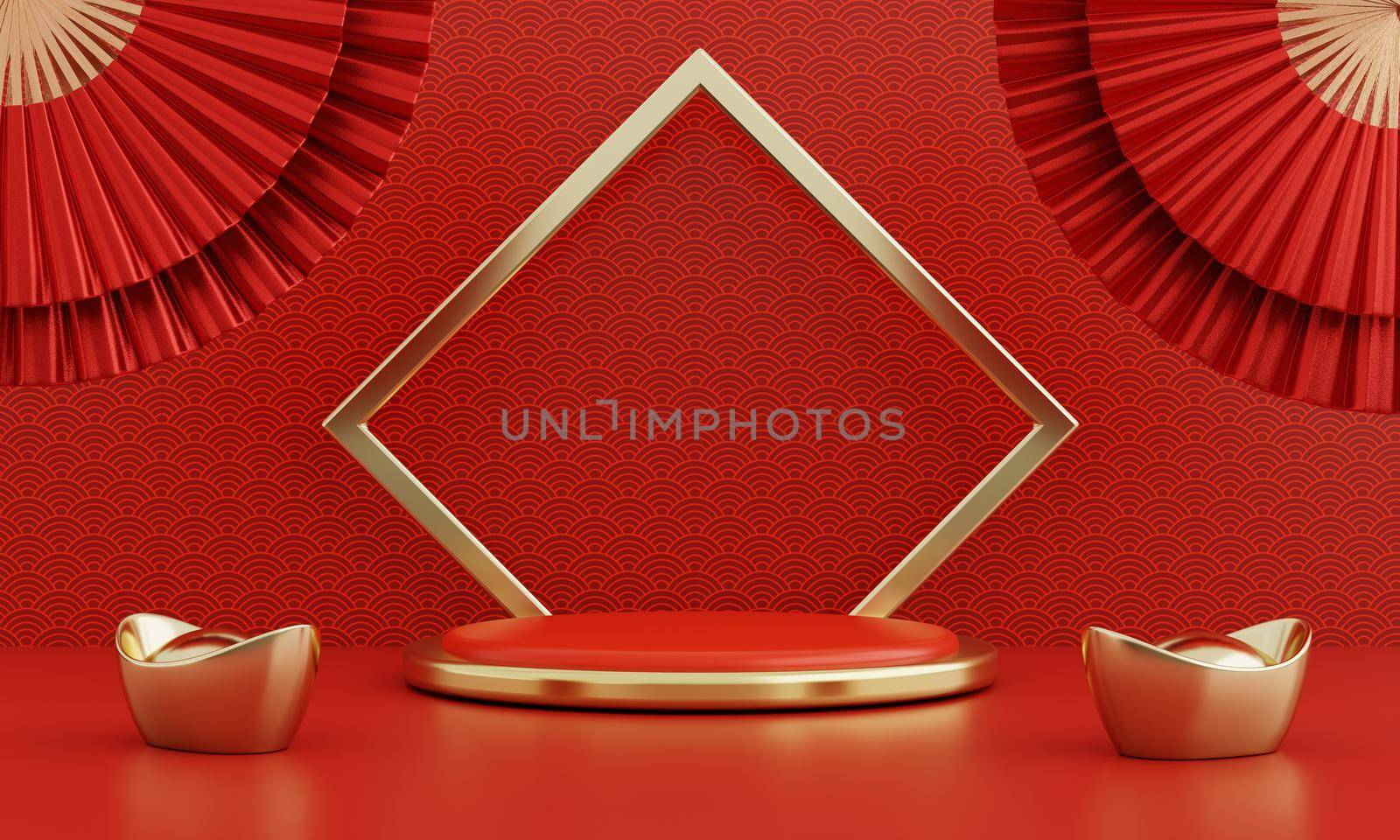 Chinese New Year red modern style one podium product showcase with golden ring frame and China pattern background. Happy holiday traditional festival concept. 3D illustration rendering graphic design