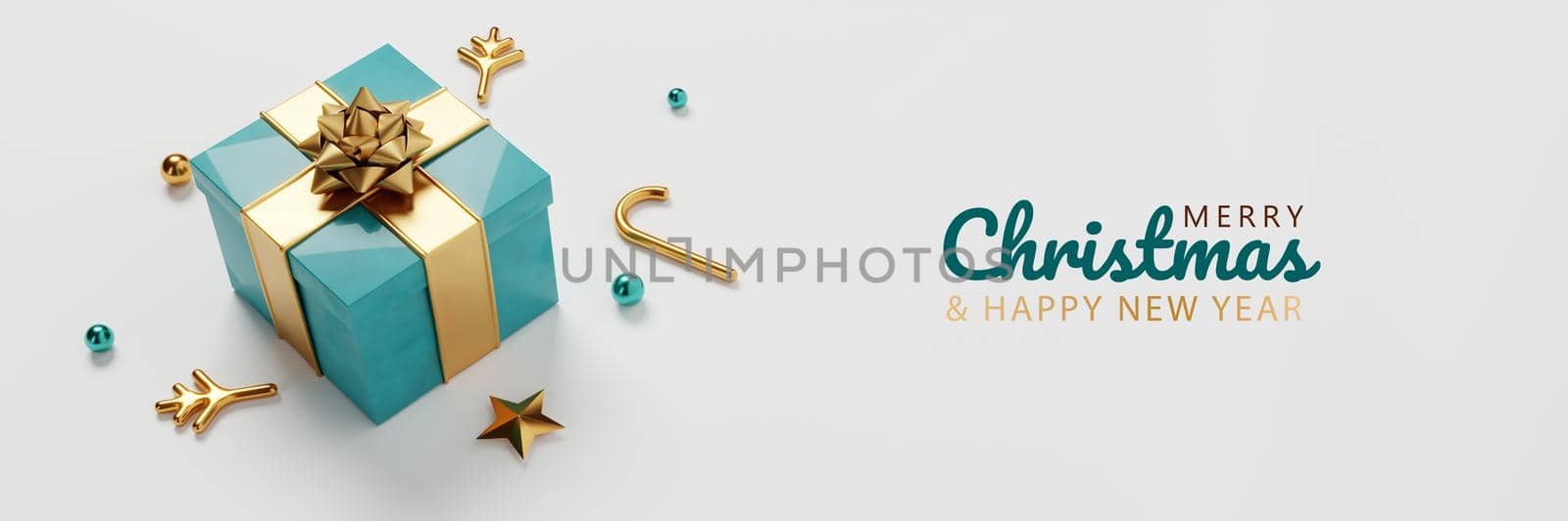 Merry Christmas and Happy New Year decoration props and ornament on white background. Holiday festival and winter concept. 3D illustration rendering.