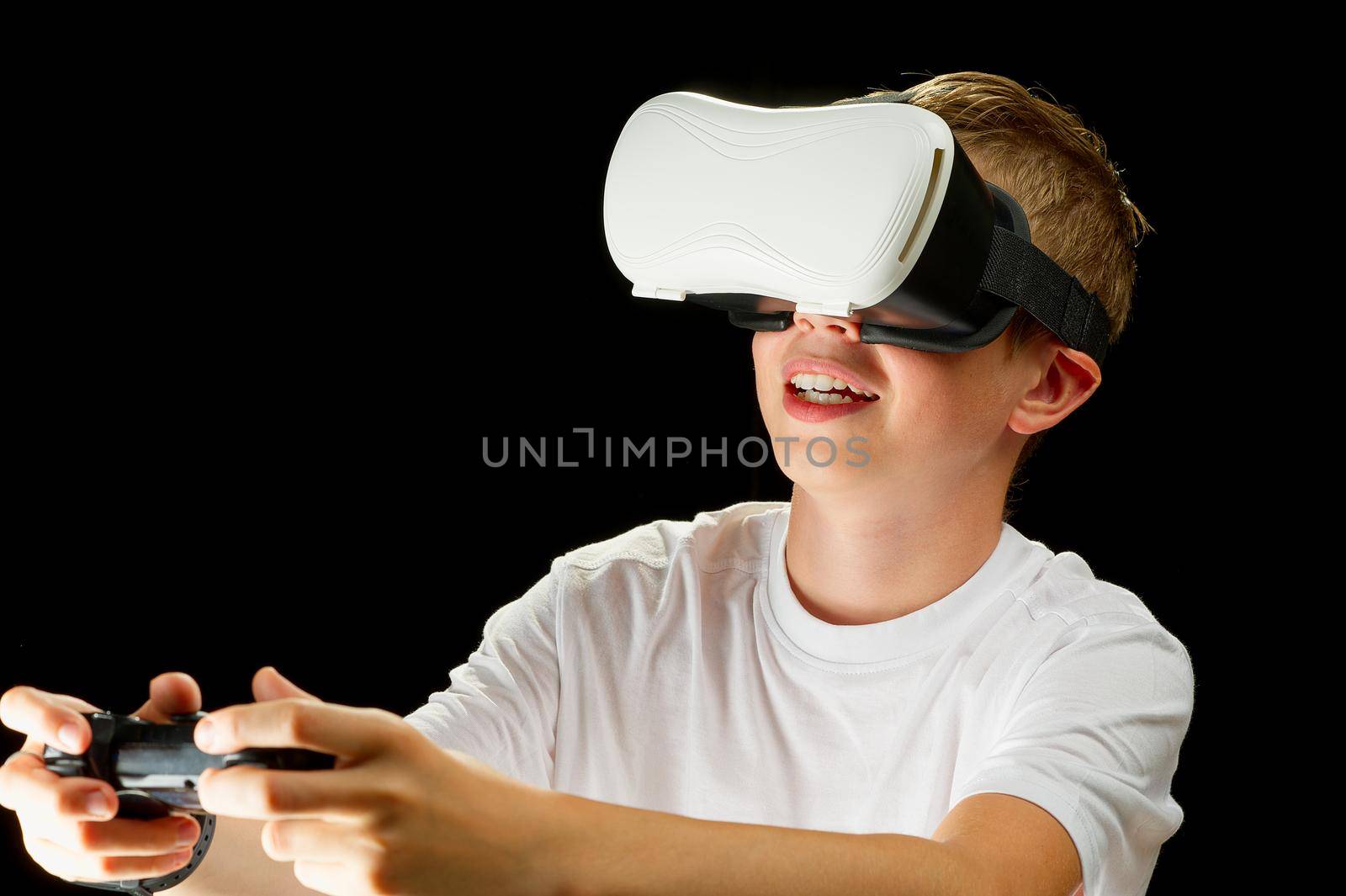 Young man wearing VR goggles, glasses. Metaverse technology virtual reality concept. Virtual Reality Device, Simulation, 3D, AR, VR, Innovation and Technology of the Future on Social Media.