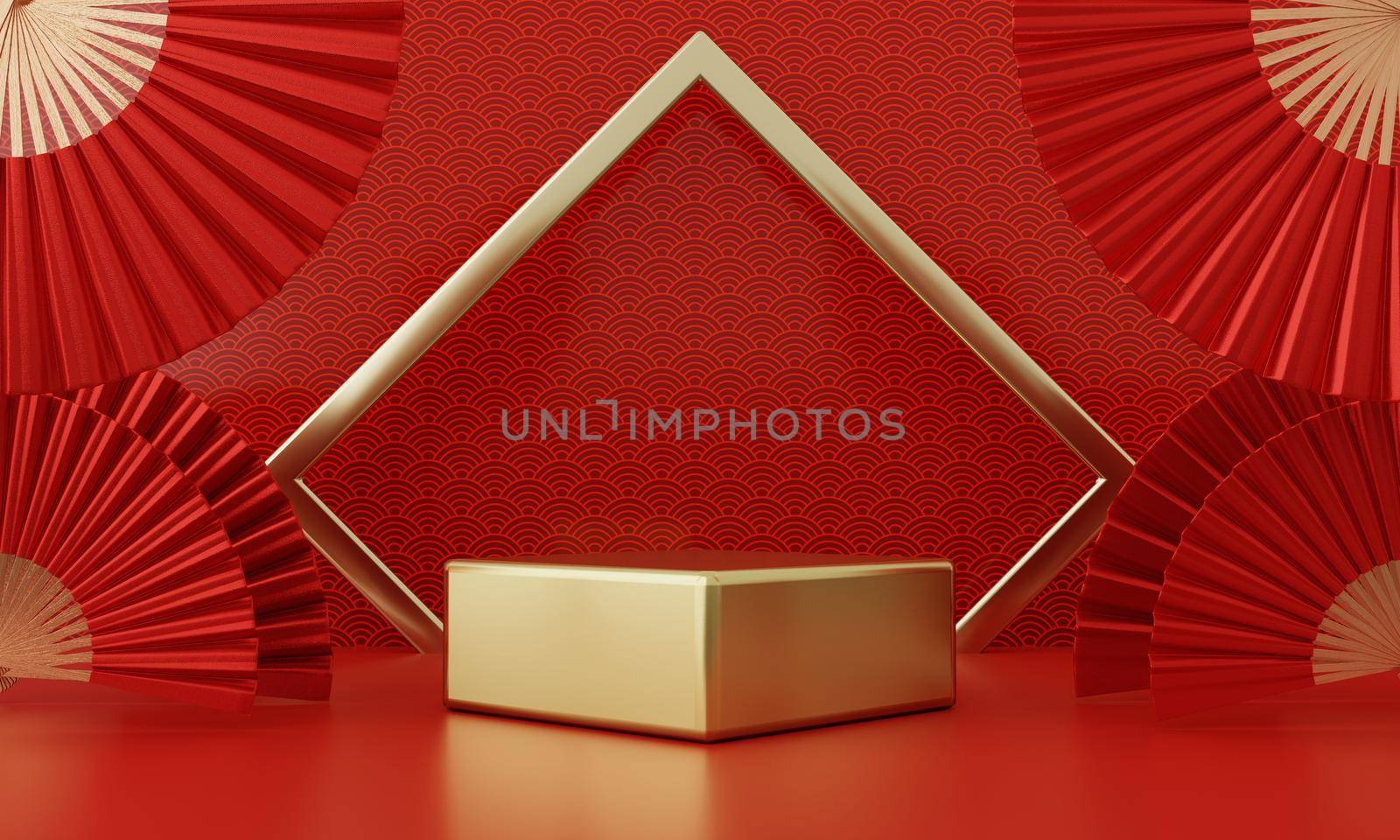 Chinese New Year red modern style one podium product showcase with golden ring frame Japanese style pattern background. Happy holiday traditional festival concept. 3D illustration rendering