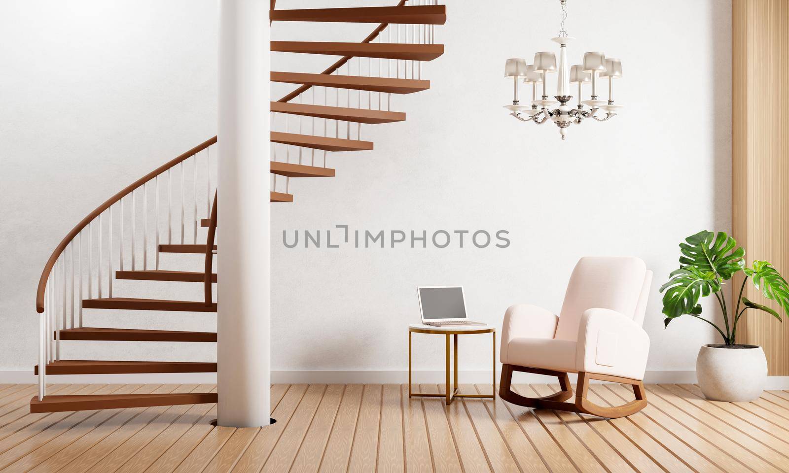 Modern living room with staircase plants chandelier lamp and laptop computer on wooden floor with white wall background.