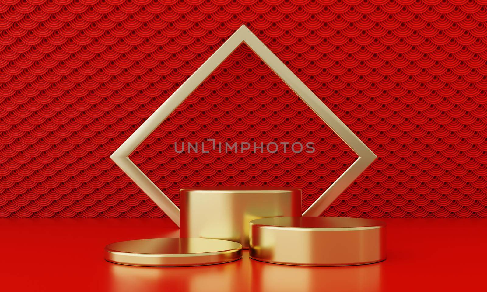 Chinese New Year red modern style three podium product showcase with golden ring frame Japanese style pattern background. Happy holiday traditional festival concept. 3D illustration rendering