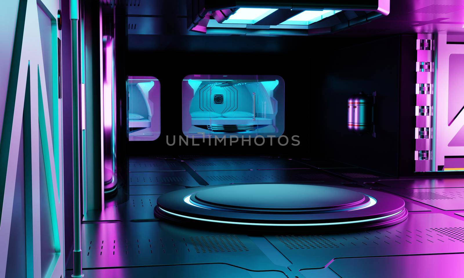 Inside spaceship laboratory interior architecture and empty podium for cyberpunk product presentation. Technology and Sci-fi concept. 3D illustration rendering